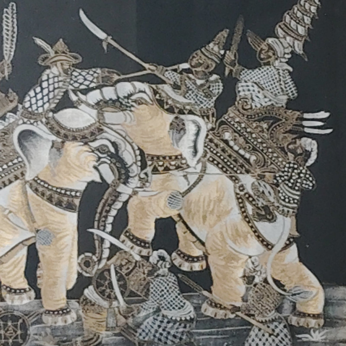 Vintage 1968 Mid‐Century Thai Silk Screen Artwork – War Elephants Battle Scene