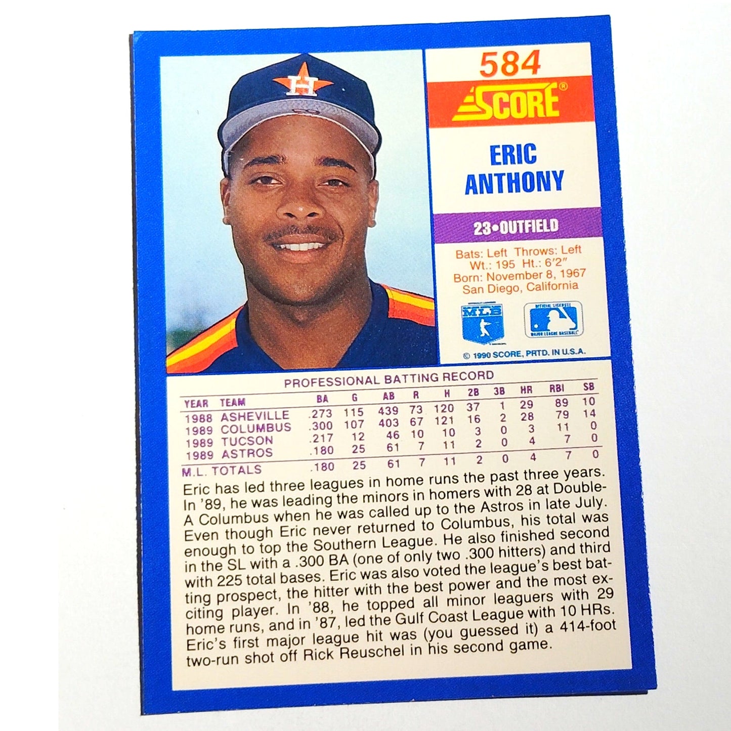 1990 Score Eric Anthony RC #584 Houston Astros Outfielder Rookie MLB Baseball EX