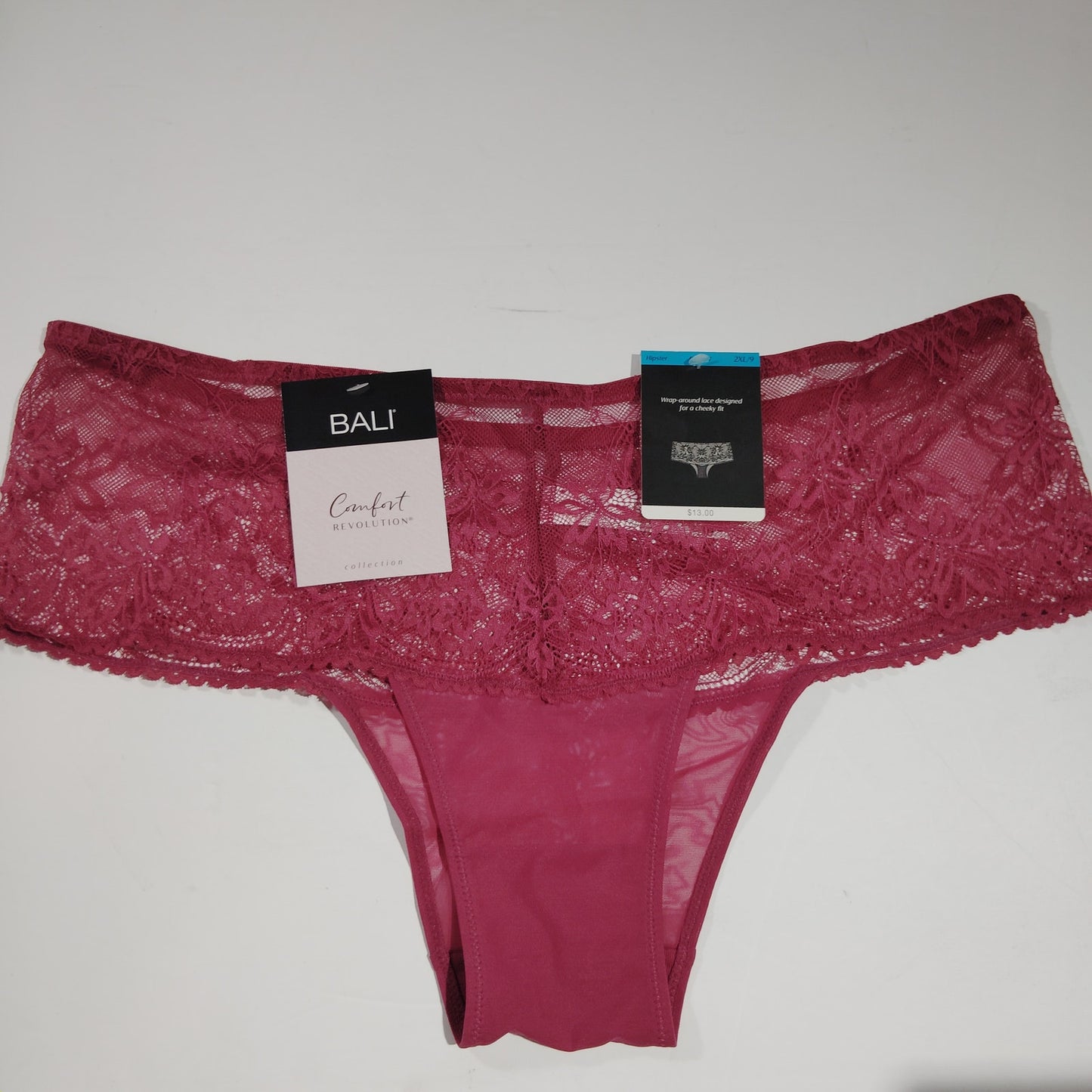 Bali Comfy Glam Lace Desire Hipster Panty – Size 2XL/9 – Burgundy