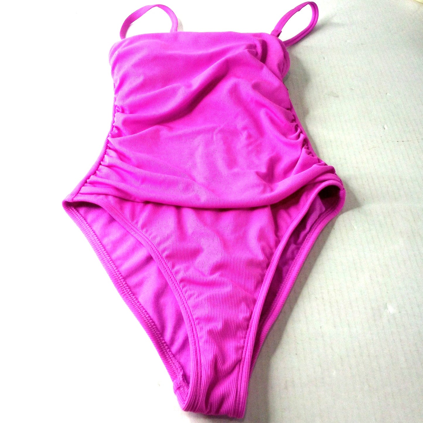 Shade & Shore Ribbed High‑Leg Bandeau 1-Piece Swimsuit, Pink XS Removable Strap
