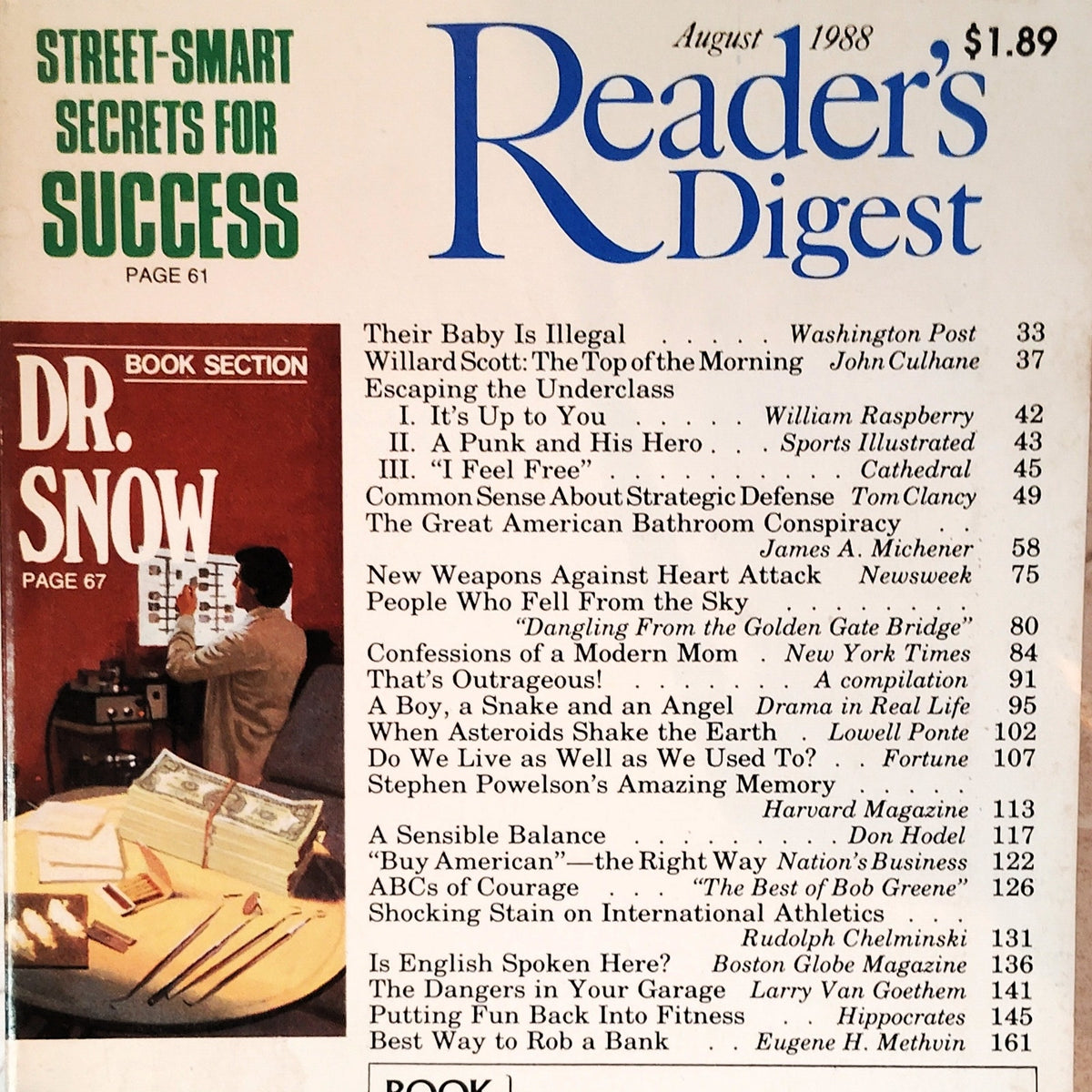 Reader's Digest August 1988 Street-Smart Secrets for Success, Willard Scott