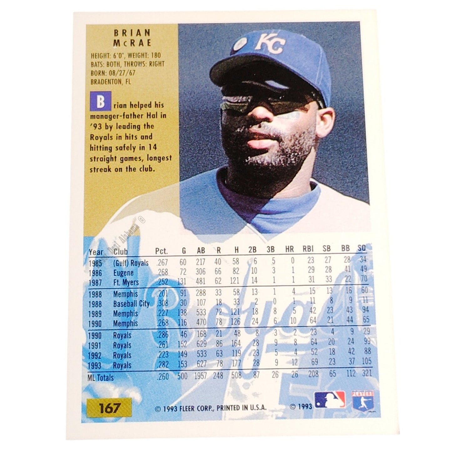 Brian McRae, Kansas City Royals, #167,  1994 Fleer Baseball Collector's Card