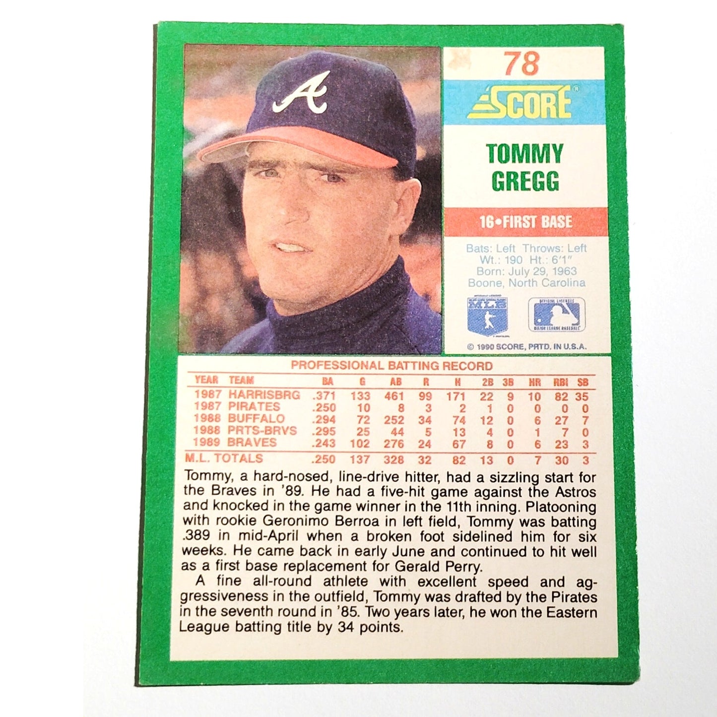 1990 Score Tommy Gregg Card No. 78 Atlanta Braves 1B VG/EX