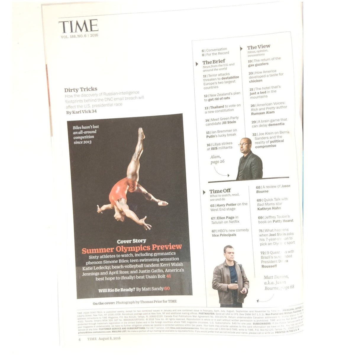 TIME Magazine Aug. 8 2016 Simone Biles Summer Olympics Game Changer, Matt  Damon