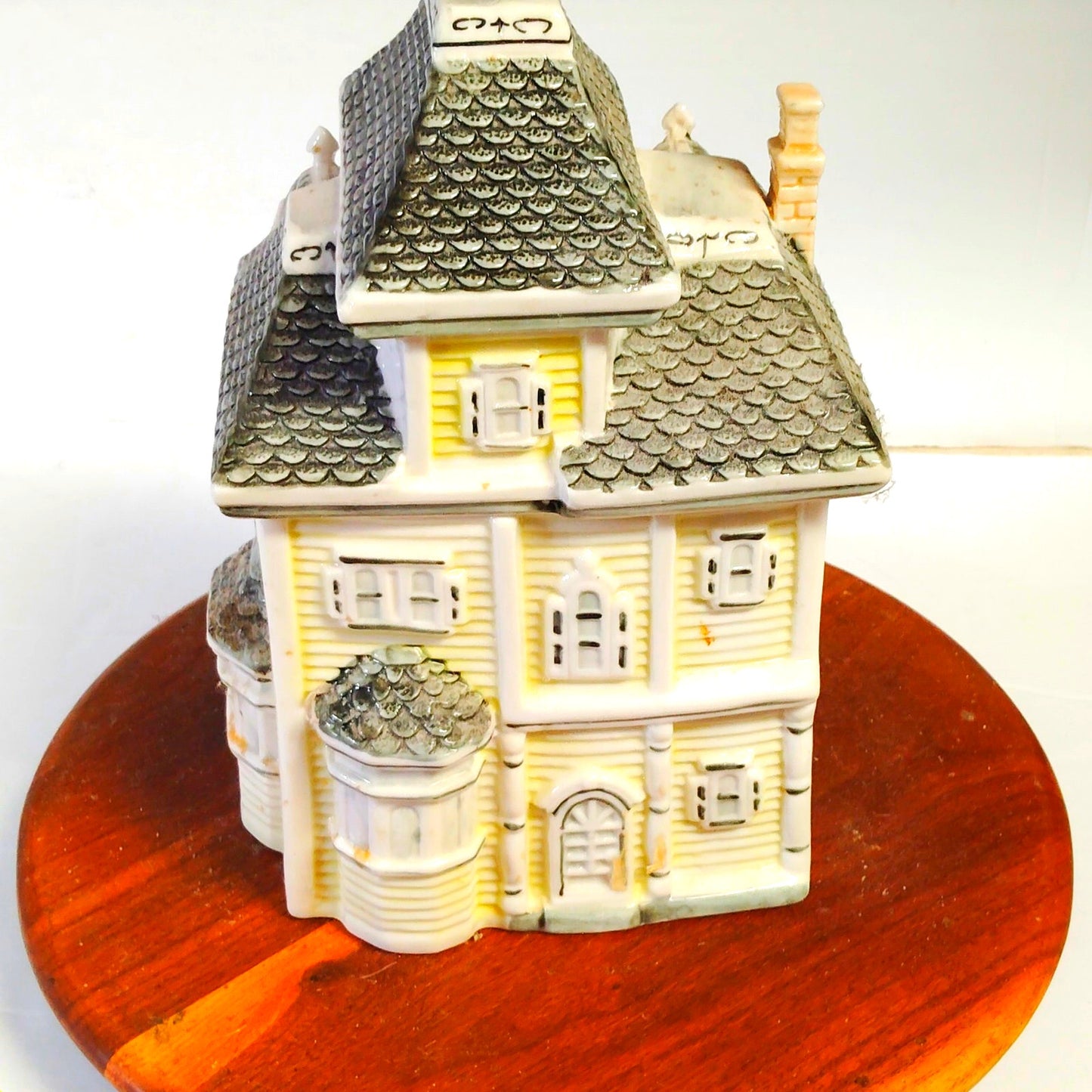 Vintage Victorian House Cookie Jar Yellow Gray Ceramic Mansion Design
