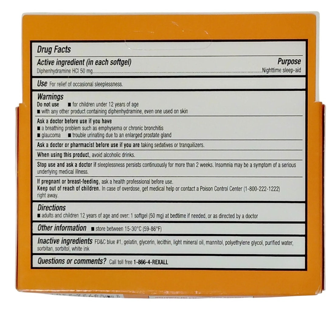 Rexall Max Strength Nighttime Sleep Aid – Diphenhydramine 50mg – 16 Softgels – Exp. 10/2026