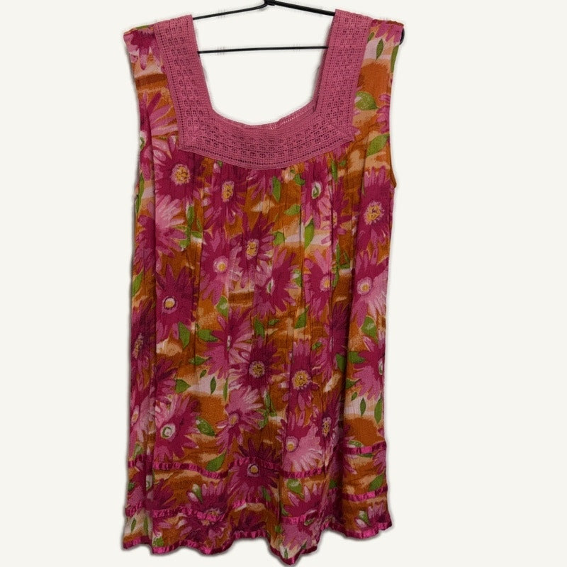 Marisol L Multicolor Floral Rayon Tank Top Crochet Neck Tunic Blouse, Large