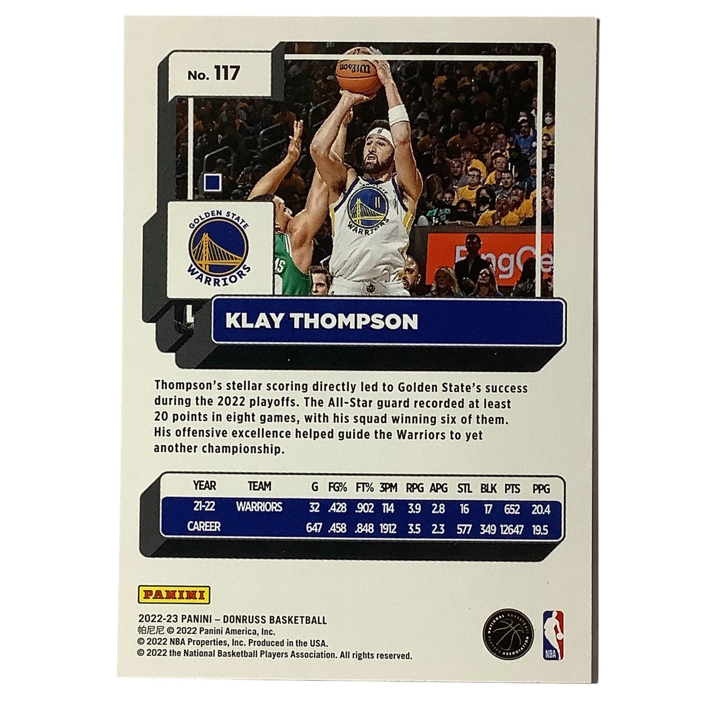 Klay Thompson, Card #117, Golden State Warriors, 2022-23 NBA Panini Donruss