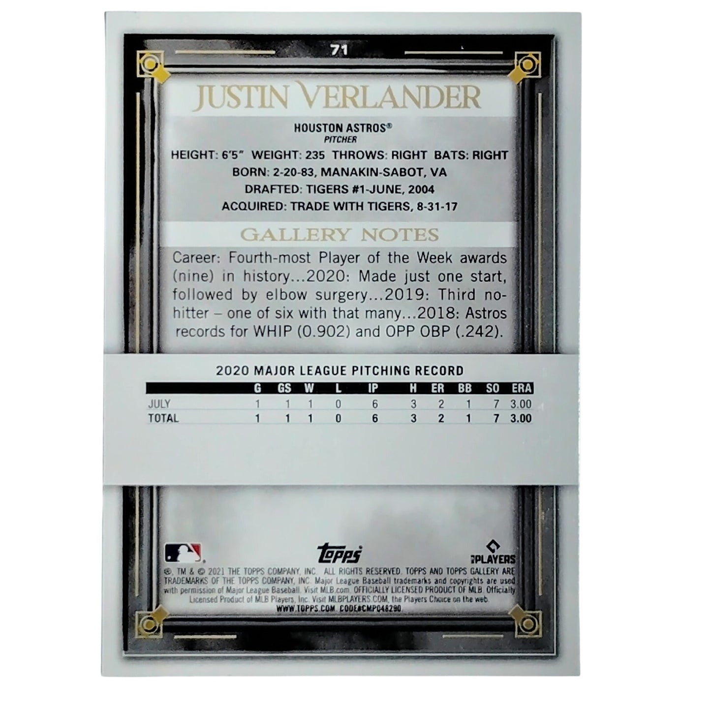 2021 Topps Gallery Justin Verlander #71 Astros Pitcher HOF Ace Cy Young VG/EX