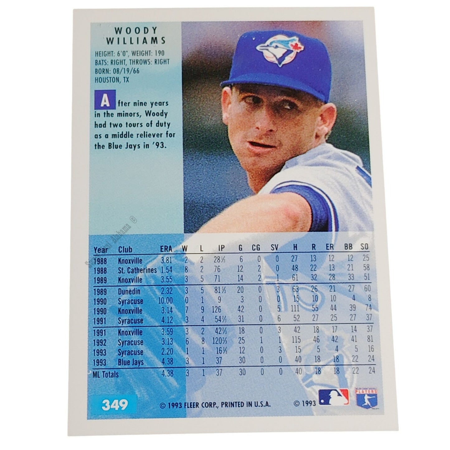 Woody Williams, Toronto Blue Jays, #349, 1994 Fleer Baseball Collector's Card