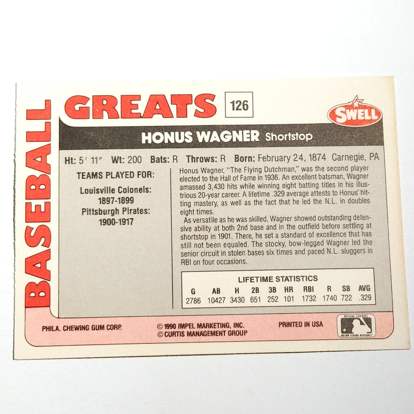 1991 Swell Baseball Greats Honus Wagner #126 Pittsburgh Pirates SS Baseball NM