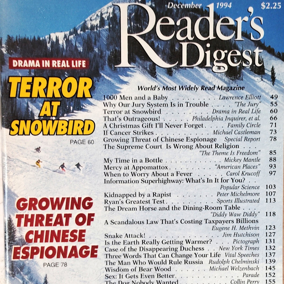 Reader's Digest Magazine December 1994 Vintage Back Issue Snowy Ski Cover