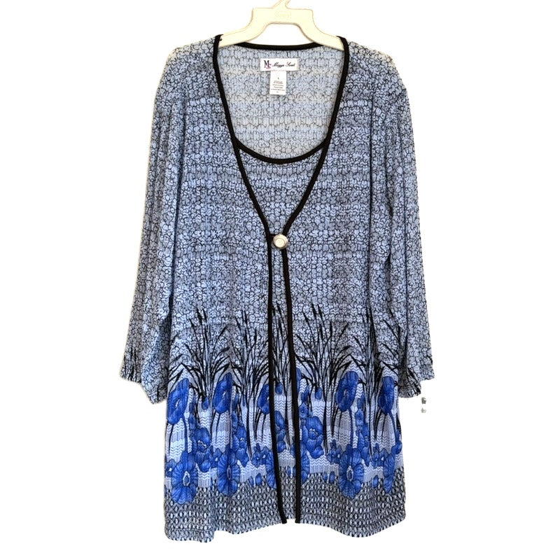Maggie Sweet Blue Floral Knit Tunic Top Size L Black Trim 3/4 Sleeve
