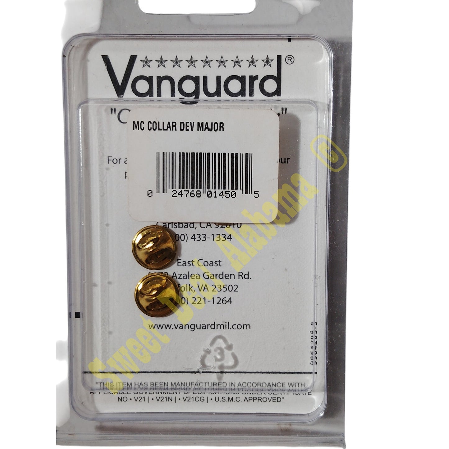 Vanguard Collar Device Pin: Major, Golden Oak Leaves, 3/4"H x 5/8"W