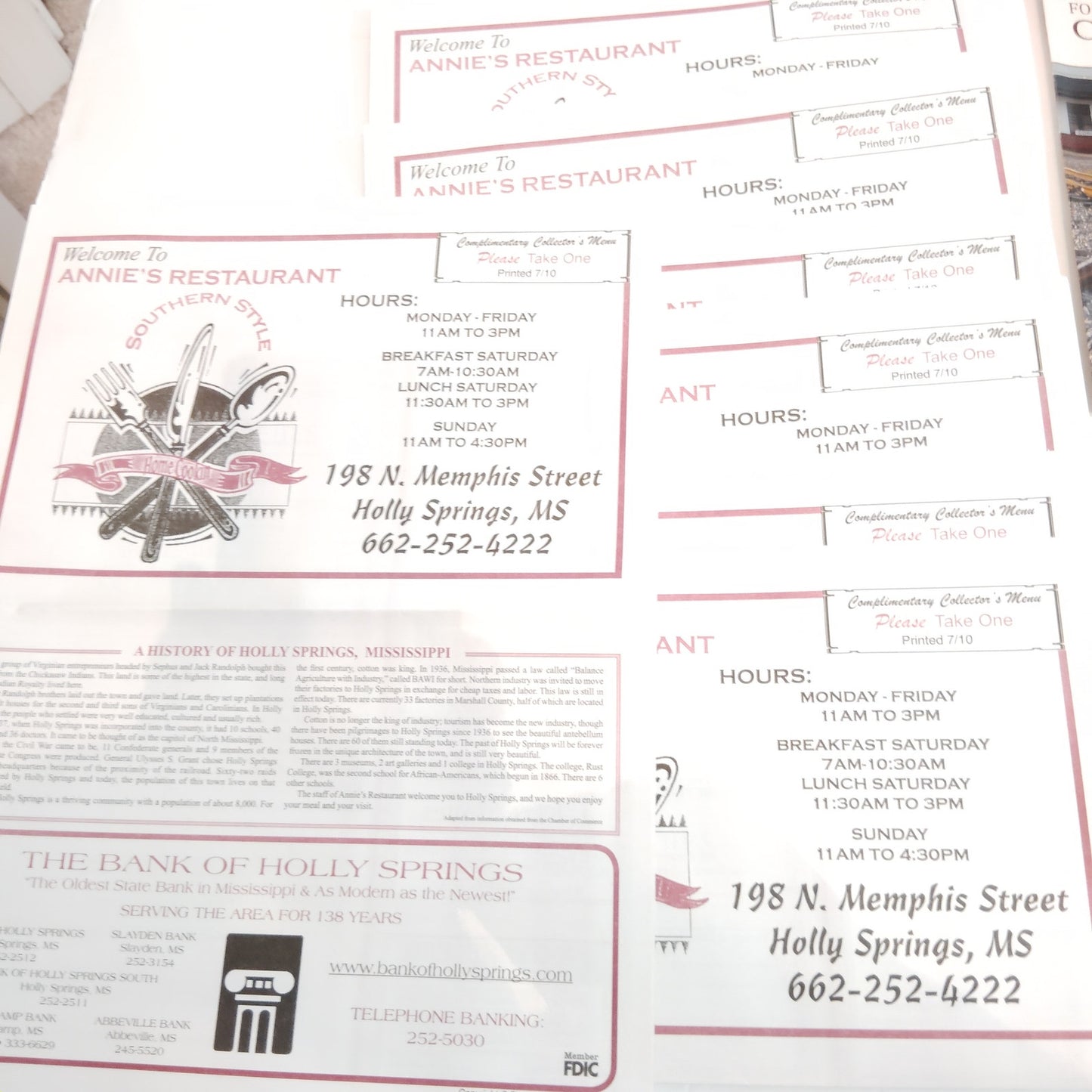 Holly Springs, MS & Corinth 2011 Travel Ephemera Lot - Annie's Restaurant Flyers