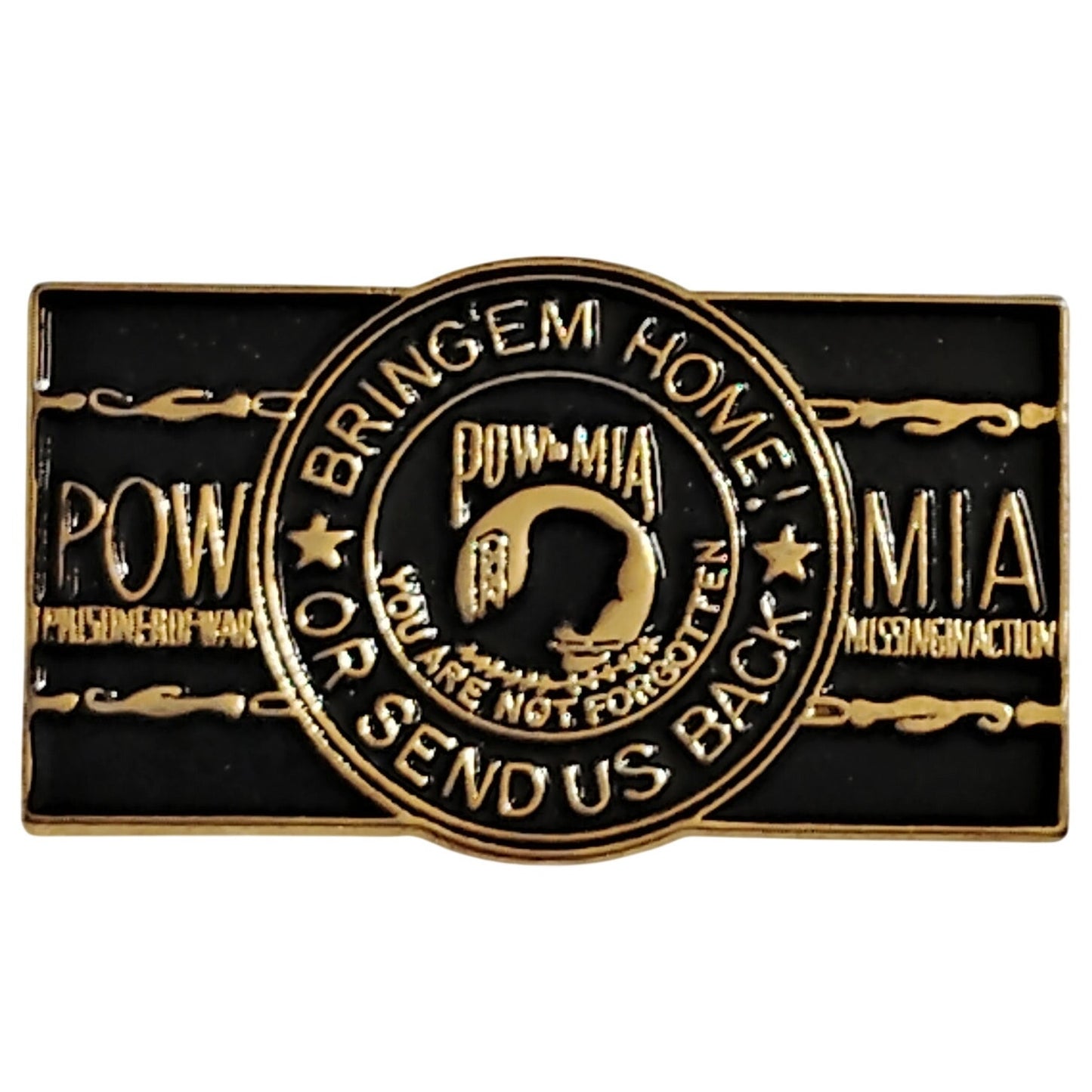 Bring ’Em Home Or Send Us Back POW/MIA Novelty Hat Lapel Pin, 1‑1/8"W × 5/8"H