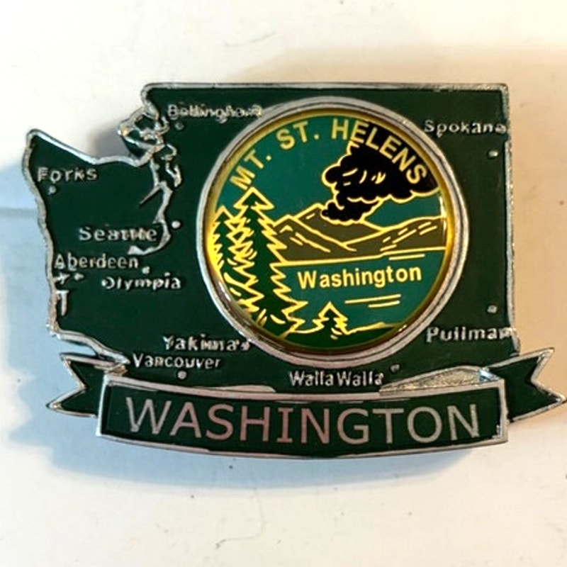 Washington State Mt St Helens Metal Enamel Map Magnet Evergreen Emblem 2.5x1.875