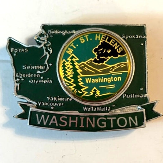 Washington State Mt St Helens Metal Enamel Map Magnet Evergreen Emblem 2.5x1.875