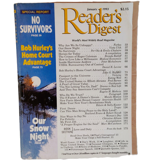 Reader's Digest January 1993 No Survivors Bob Hurley's Home Court Magazine