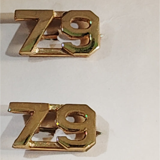 Early/Mid 1900s Brass C-Clasp "79" Collar Devices 3/8"H Hat / Lapel Pins Set