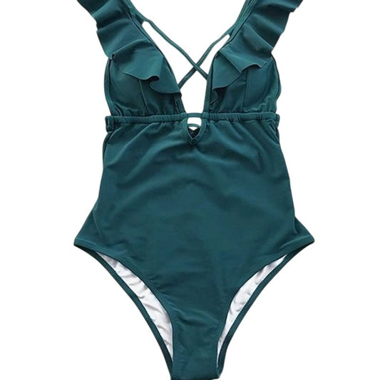 Cupshe Ruffled V Neck One Piece Swimsuit Teal Crisscross Back Women’s Medium