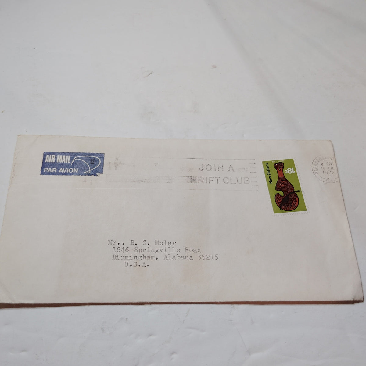 1972 New Zealand 18c Maori Club Stamp Air Mail Cover to USA Paraparaumu