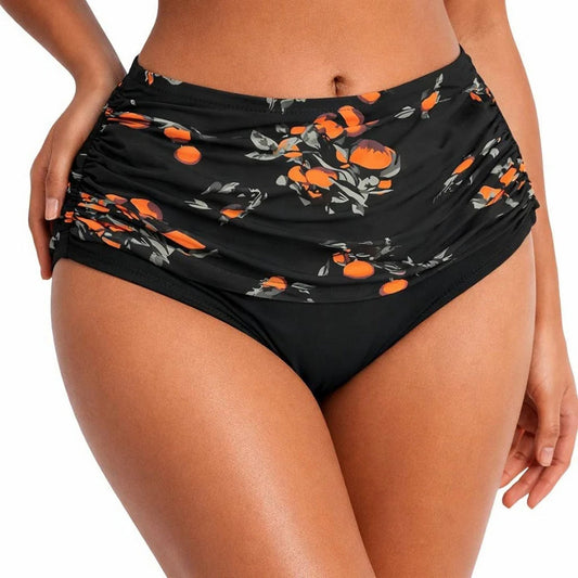 Cocoship Floral High Waisted Bikini Bottoms Ruched Swim Retro Style Lrg (US 8)