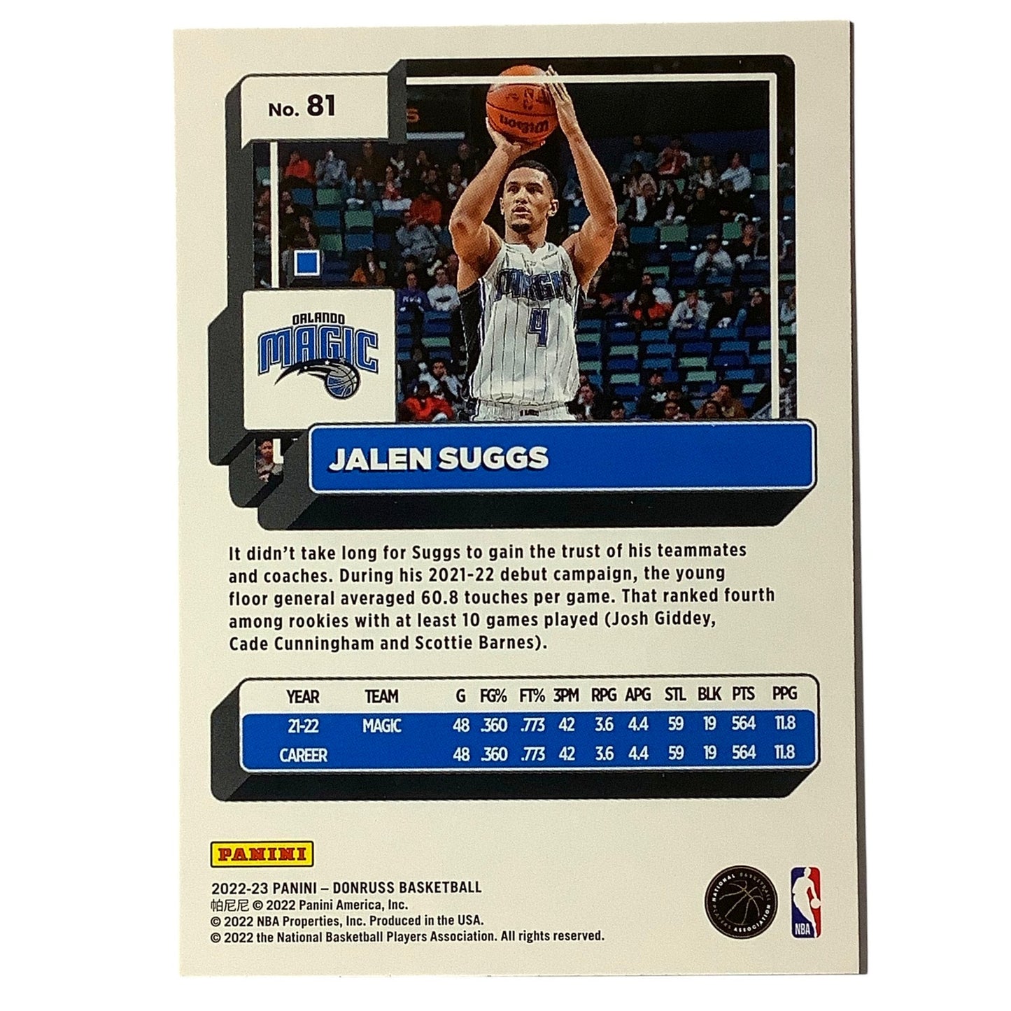 Jalen Suggs, Card #81, Orlando Magic, 2022-23 NBA Panini Donruss