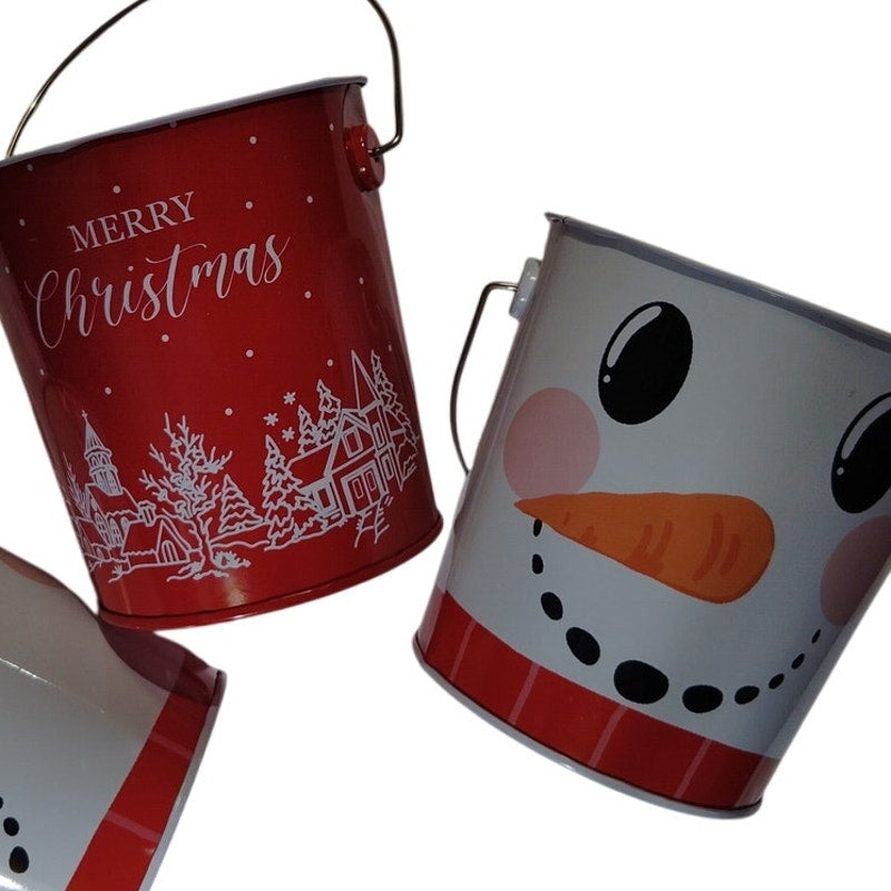 Lot of 3 Metal Holiday Buckets Snowman & Christmas Village Theme Tin Pails 4.5"H x 4.375"D Top