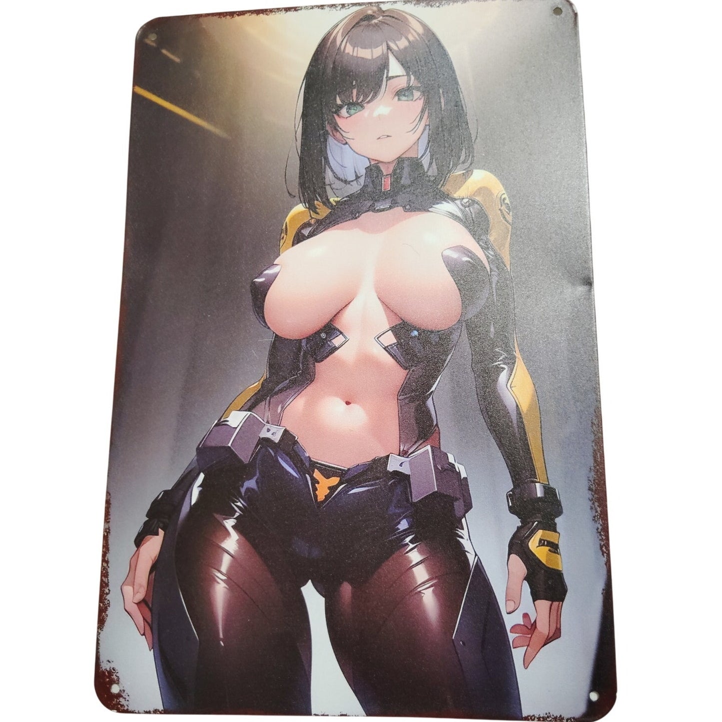 Anime Sci-Fi Girl Retro Tin Sign – 8x12 Poster – Futuristic Character Art w/ Black & Yellow Suit