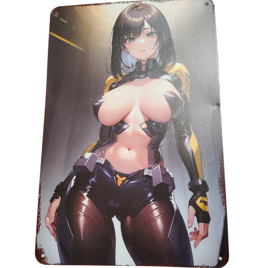 Anime Sci-Fi Girl Retro Tin Sign – 8x12 Poster – Futuristic Character Art w/ Black & Yellow Suit