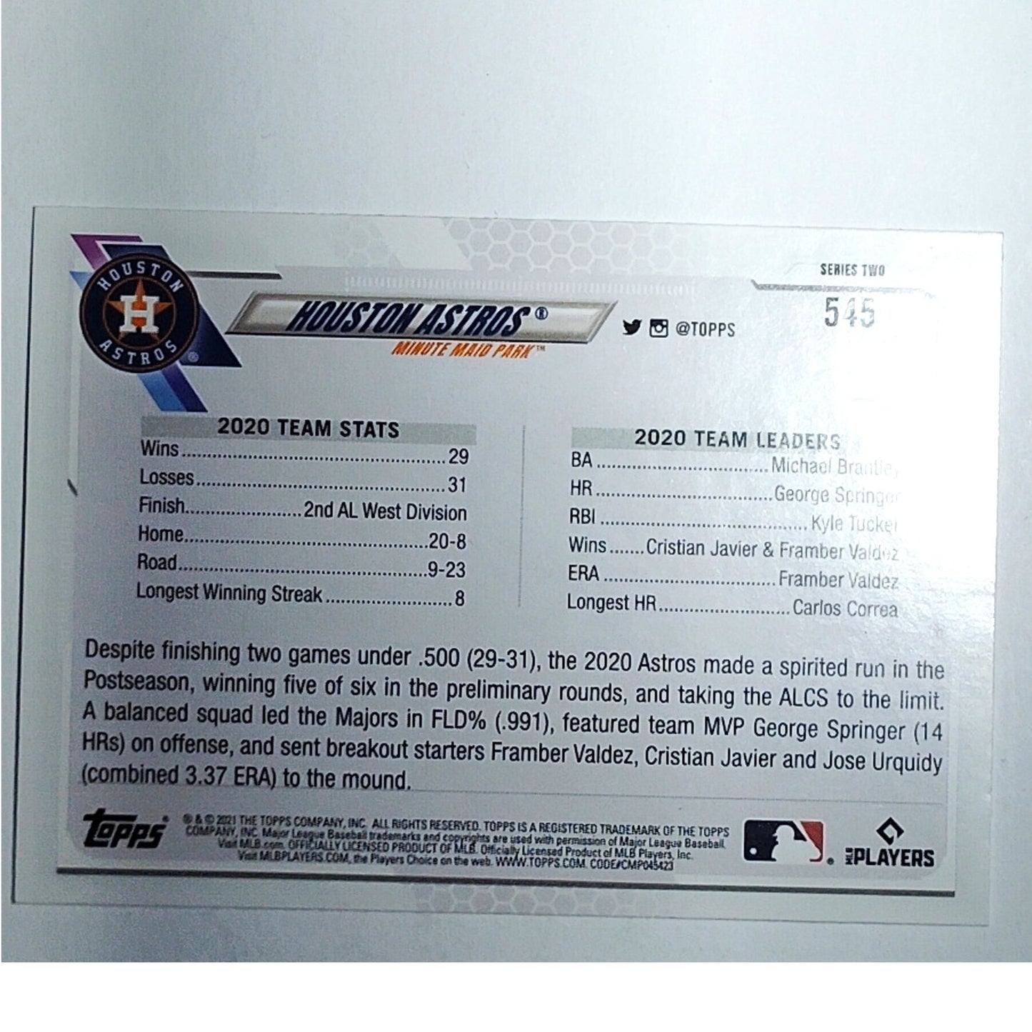 2021 Topps Series 2 Astros Team Card 545 Houston Astros Baseball VG/EX