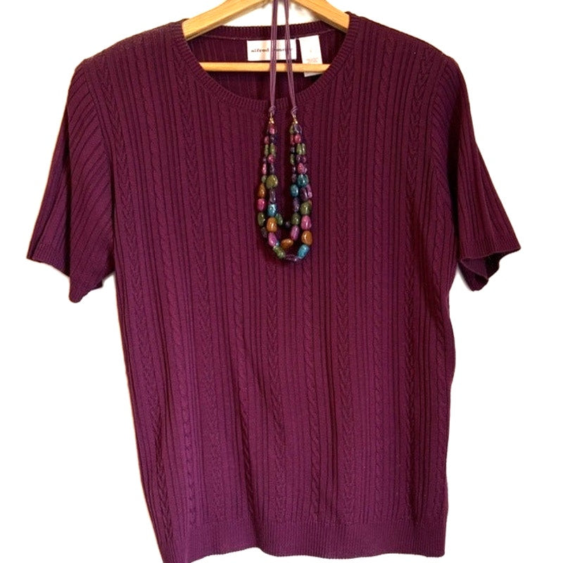 Alfred Dunner 3-Piece Maroon Purple Knit Top Pants Set Necklace Size L
