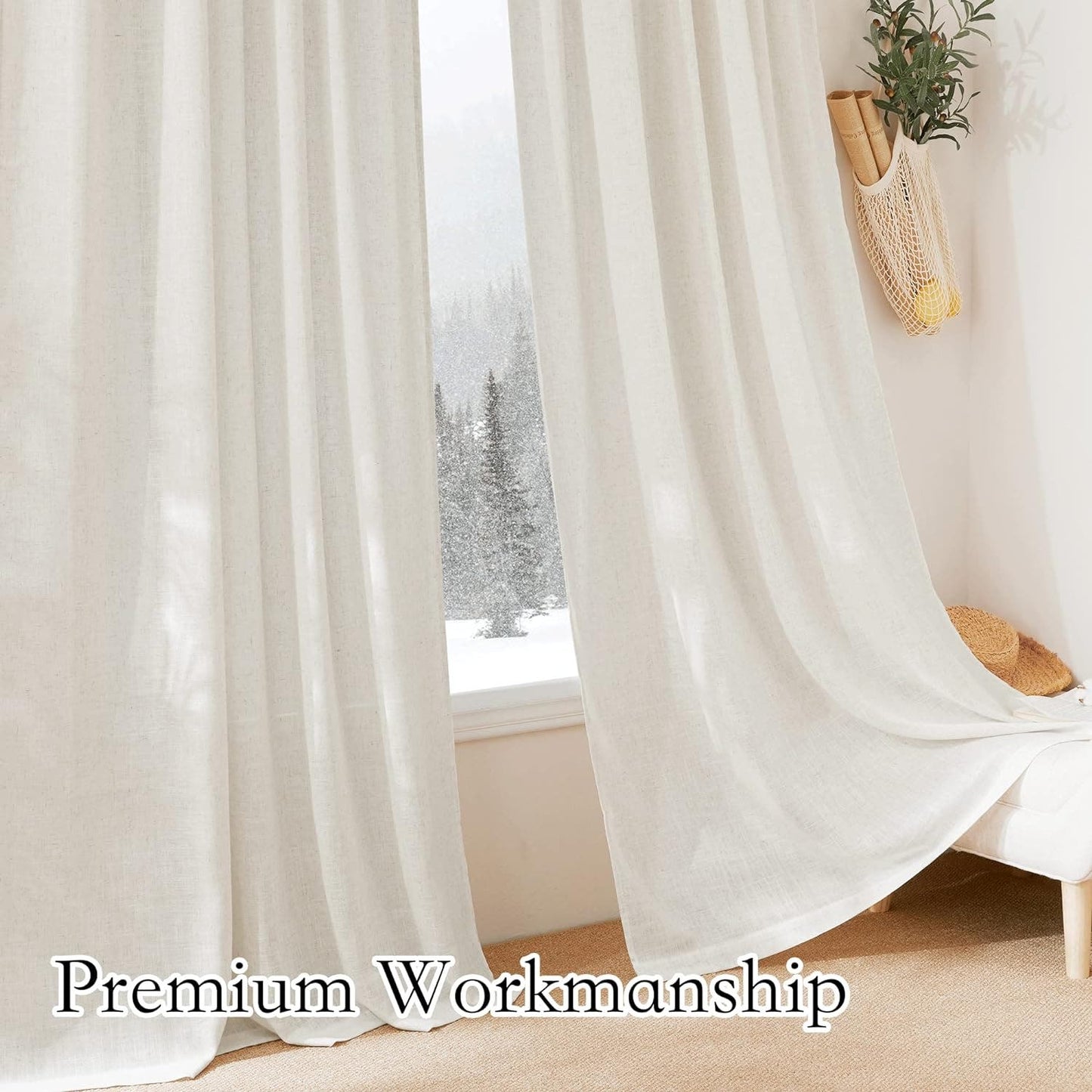 2 Flax Linen Blend Curtain Panels, Each 52"W x 90"L, Semi-Sheer, Light Filtering