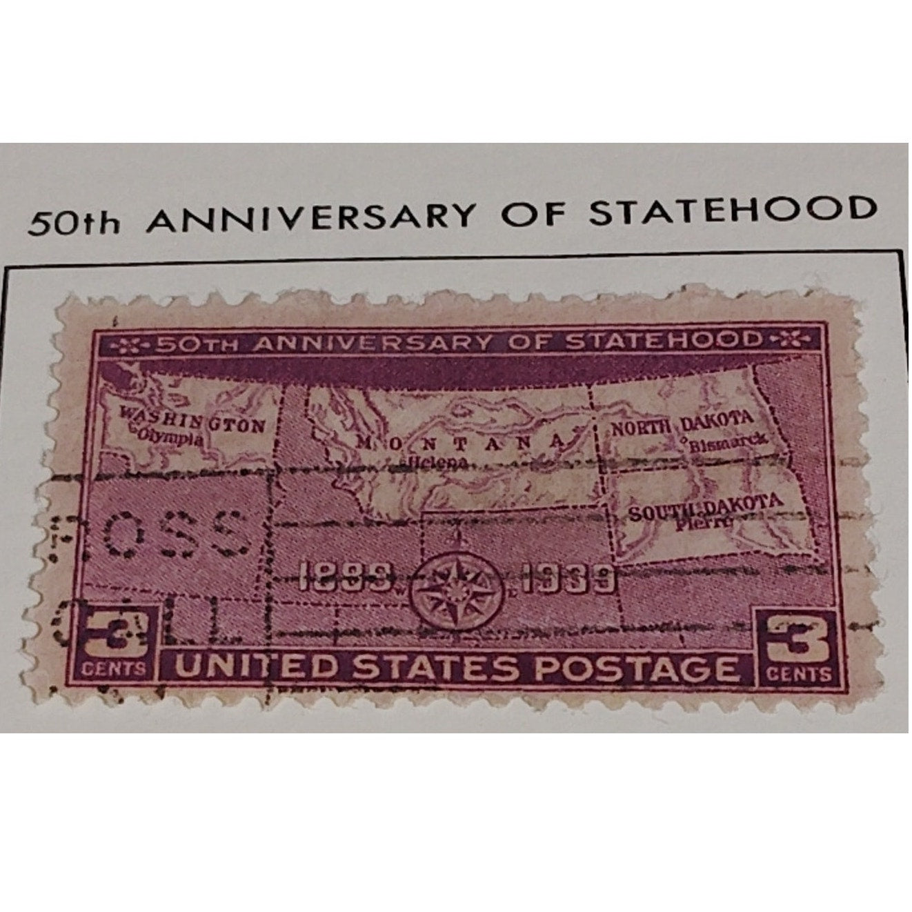 1939 3¢ Statehood Anniversary Stamp – Scott 858 – ND SD MT WA – Canceled