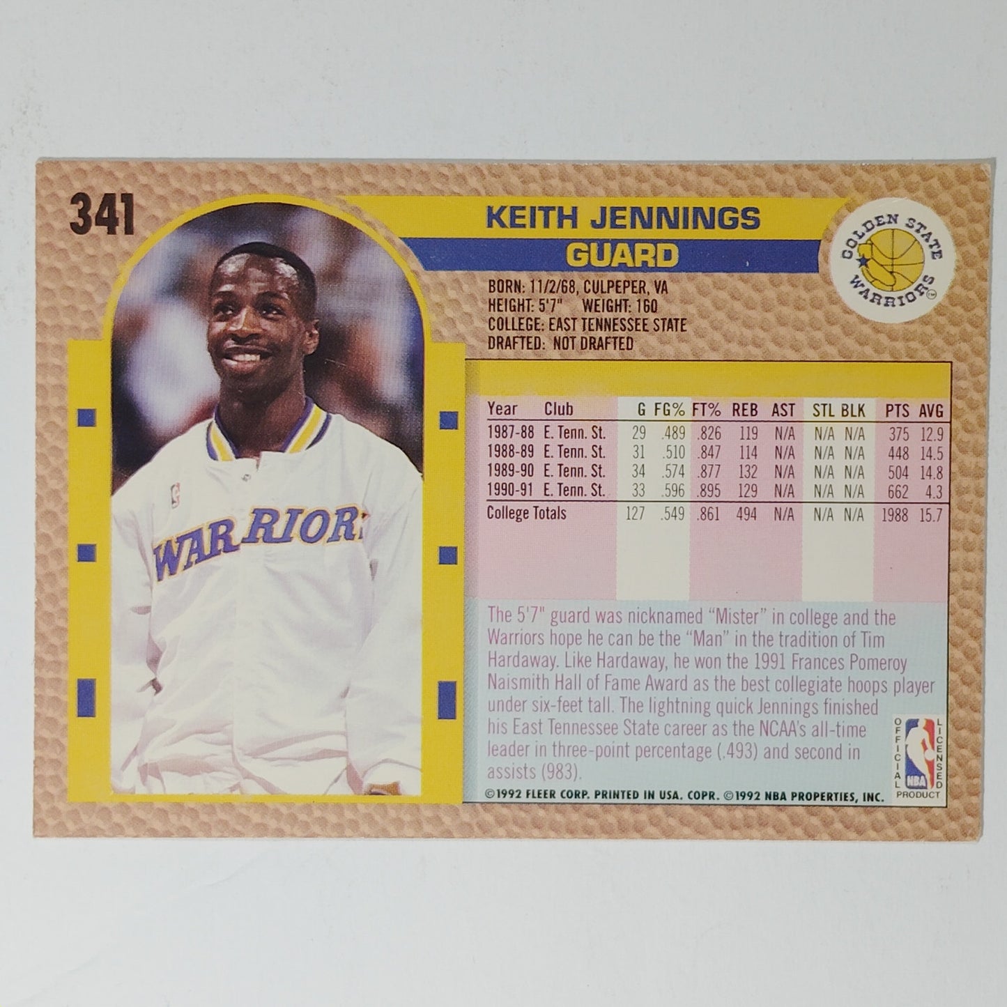 1992–93 Fleer Keith Jennings #341 – Golden State Warriors – Guard – NBA Card