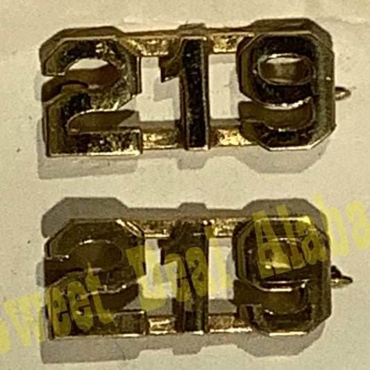 Early/Mid 1900s Brass C-Clasp "219" Collar Devices 3/8"H Hat / Lapel Pins Set