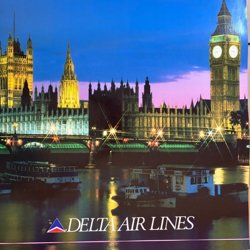 Vintage Delta Air Lines London England Travel Poster Big Ben Parliament 28"x22"