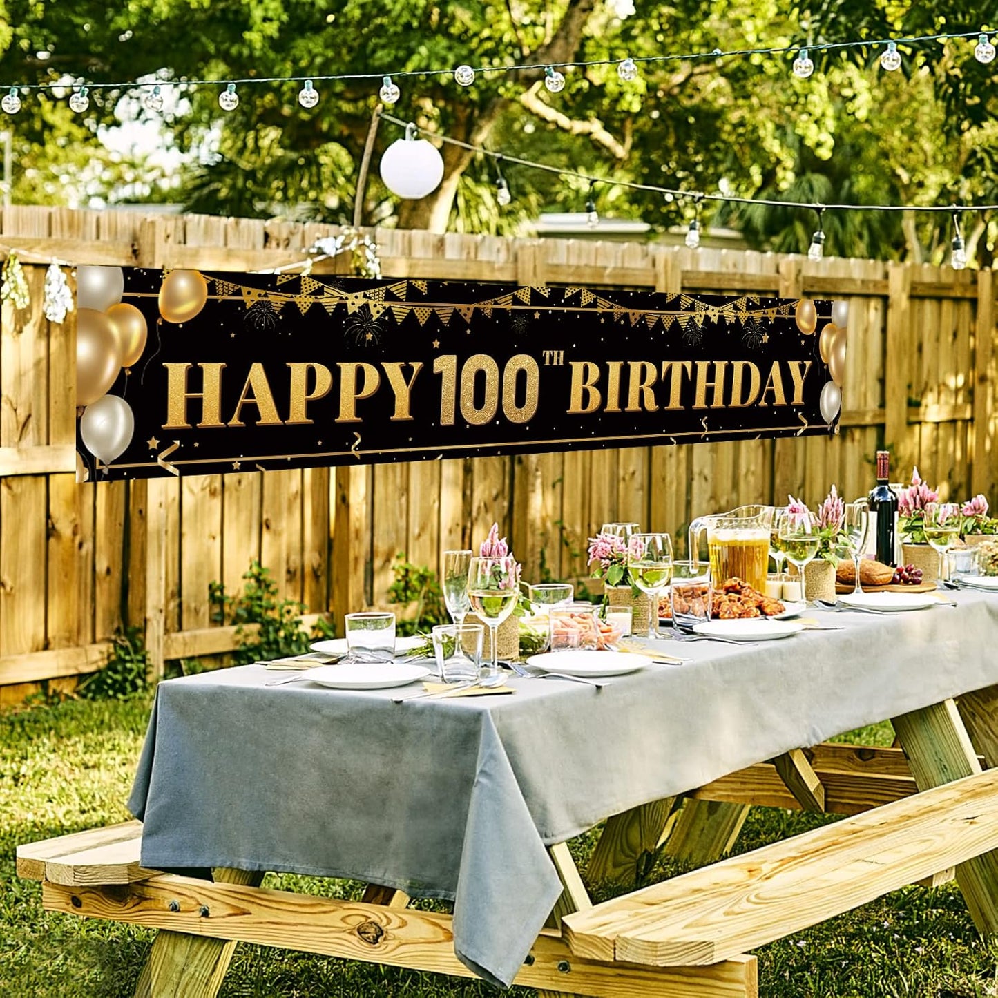 Happy 100th Birthday Banner 9.8×1.6 ft Black Gold Party Decoration Sign