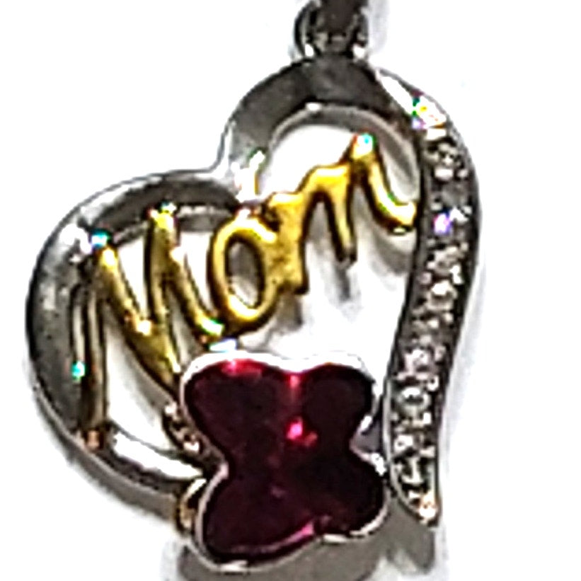 Mom Heart 18" Necklace Silver‑Tone w/ Gold Script "Mom" & Red Crystal Butterfly