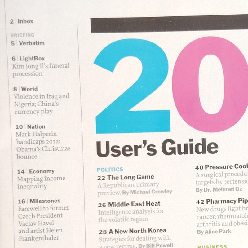 TIME Magazine January 9 2012, User's Guide for 2012,  Boing 787 Dreamliner