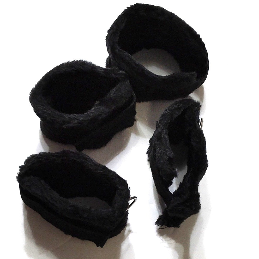 Black Cosplay Accessory Set Hand Cuffs Leg Cuffs 2 Mask Tickler Flogger Web Belt