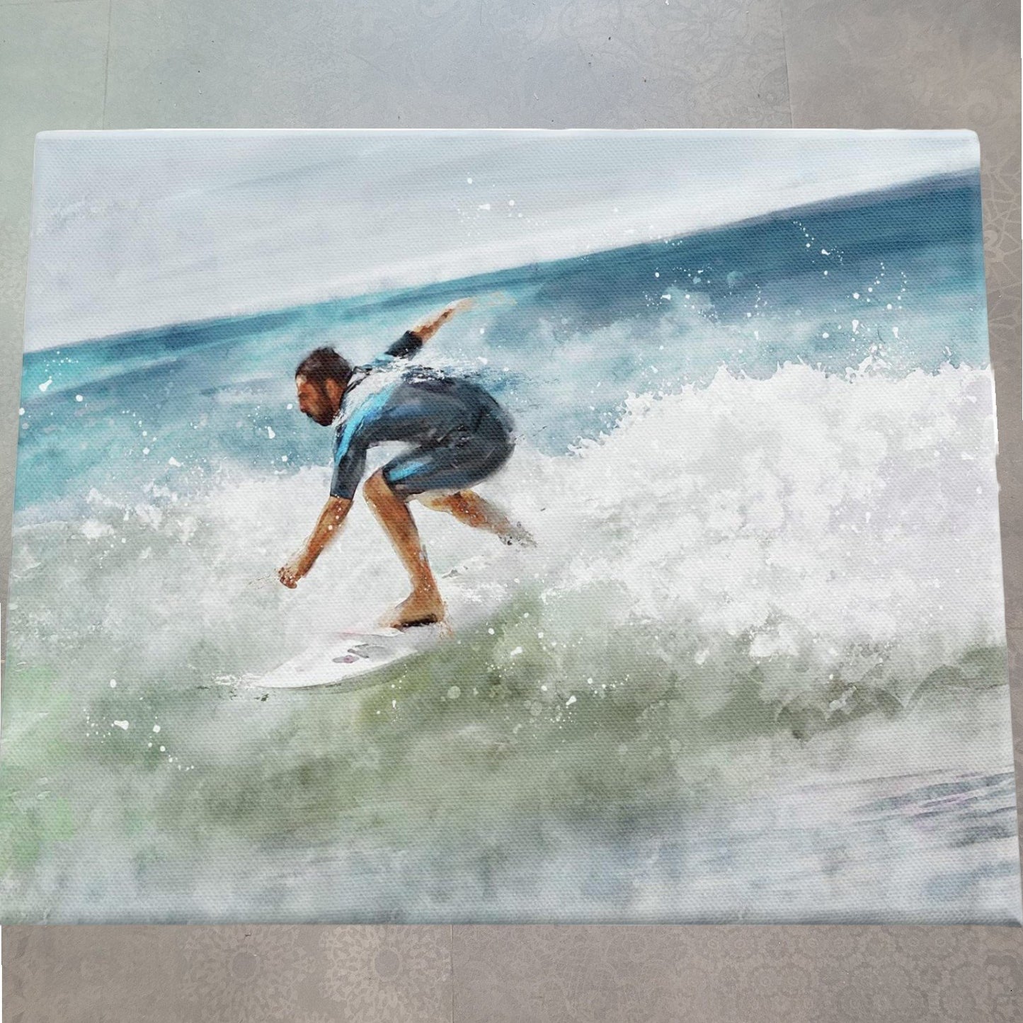 Surfer Riding Wave Stretched Canvas over Wood Wall Art, 20x16, Designer Ziwei Li