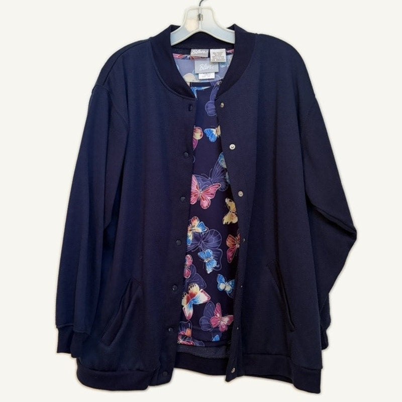 Blair Women's L Navy Butterfly Top & Snap Button Jacket 2-Piece Set