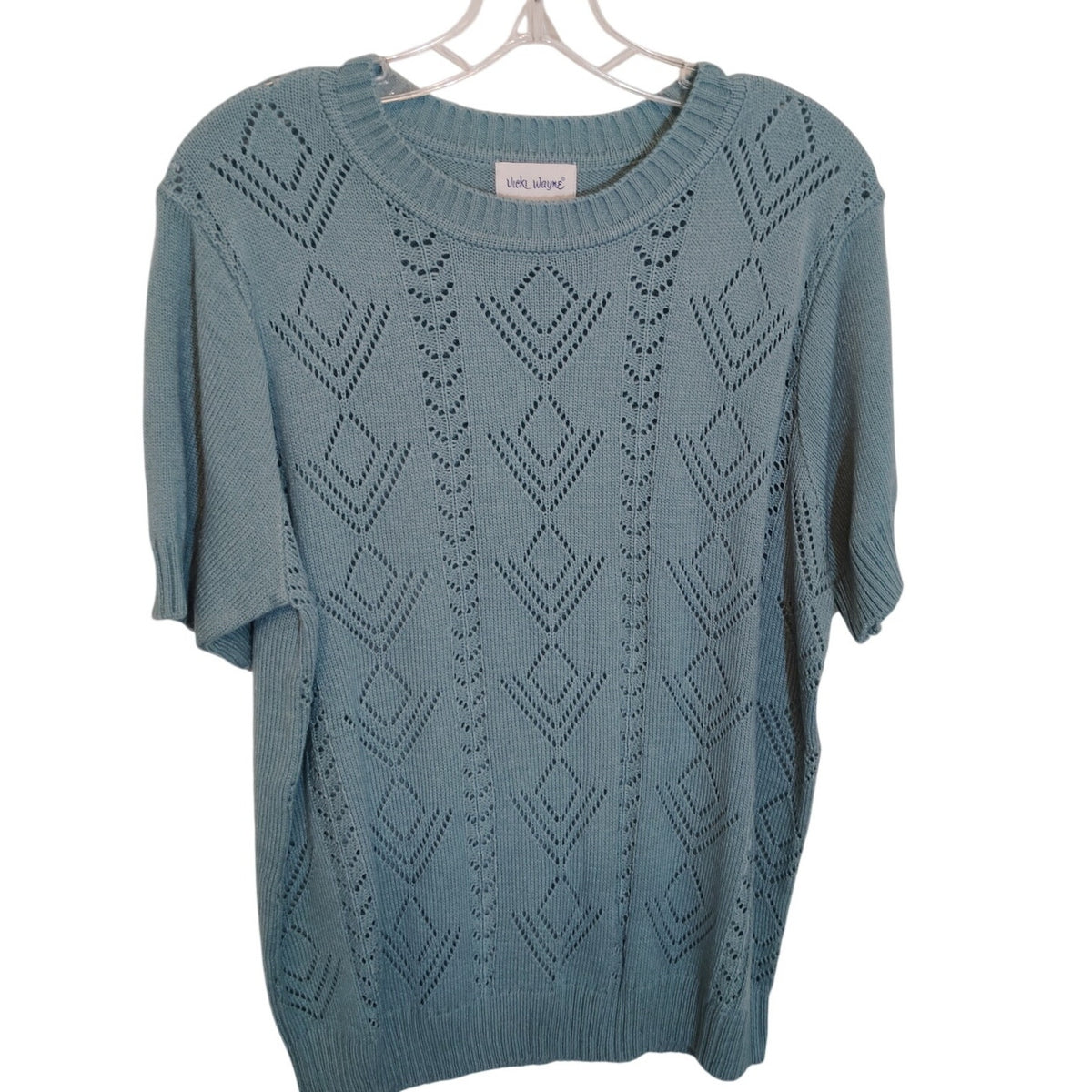 Vicki Wayne Sage Blue Pointelle Short Sleeve Sweater Women’s XL Estate Acrylic