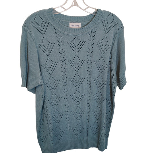 Vicki Wayne Sage Blue Pointelle Short Sleeve Sweater Women’s XL Estate Acrylic