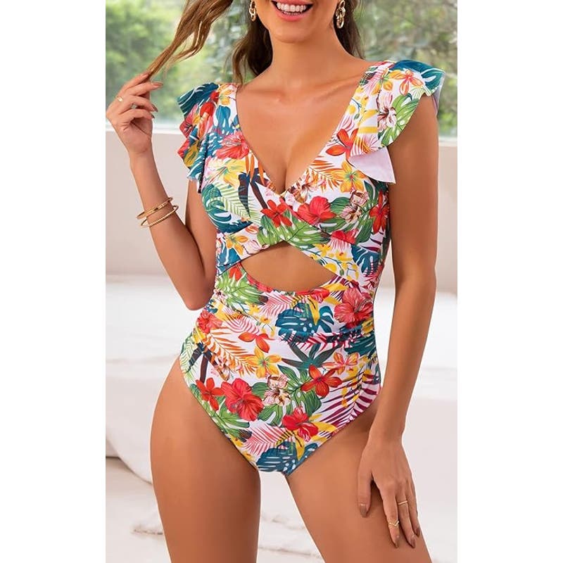 B2prity One Piece Ruffle Cutout Slimming Tummy Control V Neck Wrap, S (4-6)