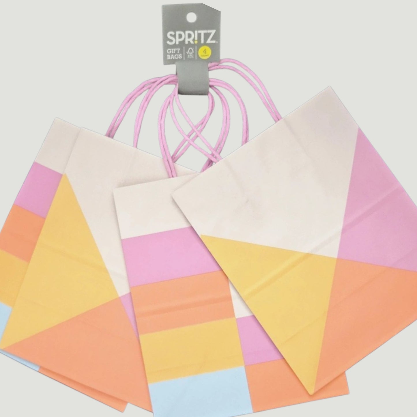 8‑Pack Geo Pastel Gift Bags – 4 Patterns – 9.625" x 7.75" x 4.625"