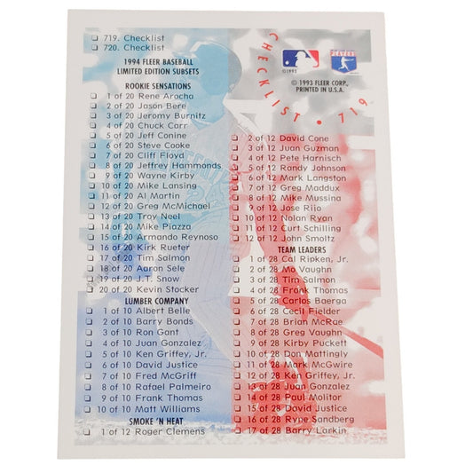 Checklist 653-720 & Subsets Cards, #719, 1994 Fleer Baseball Checklist Card