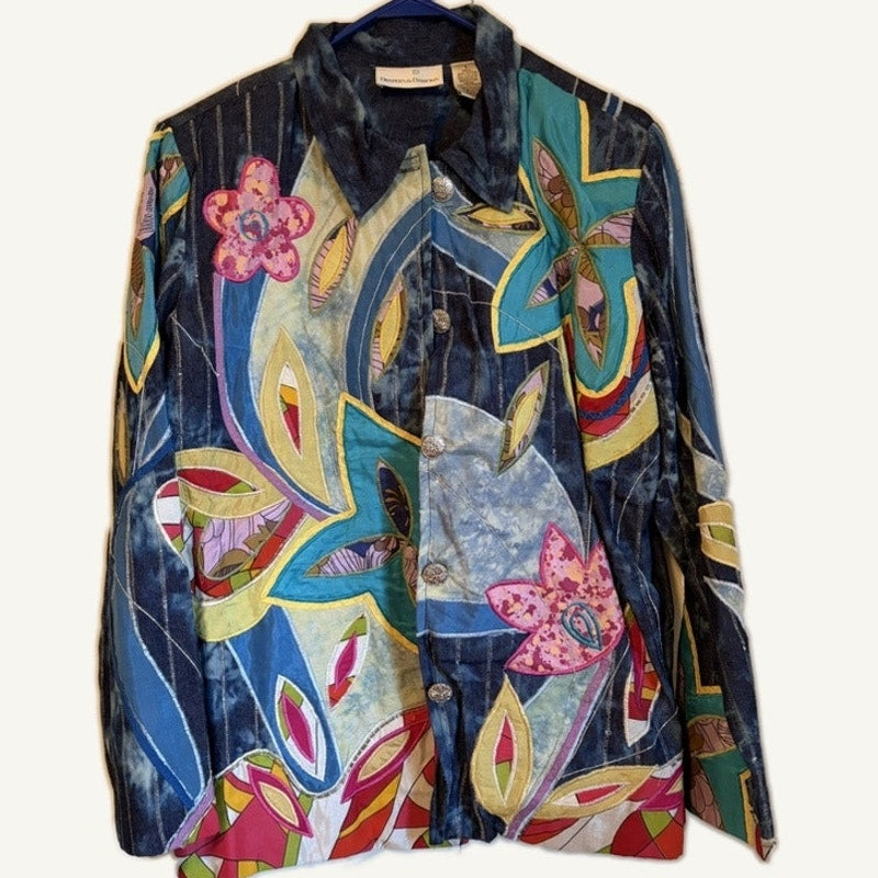 Draper's & Damon's L Blue Multi Abstract Art To Wear Long Sleeve Jacket